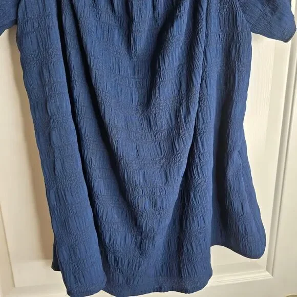 Navy Blue Textured Cotton Peasant Shirt with Ruffle Neckline and Balloon Sleeves - Picture 4 of 9